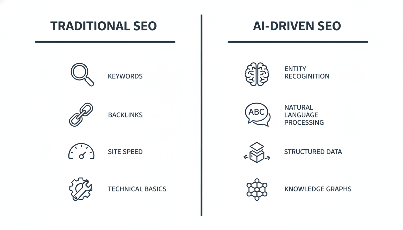 Side-by-side comparison of Traditional SEO vs. AI-Driven SEO methods for Corpus Christi businesses
