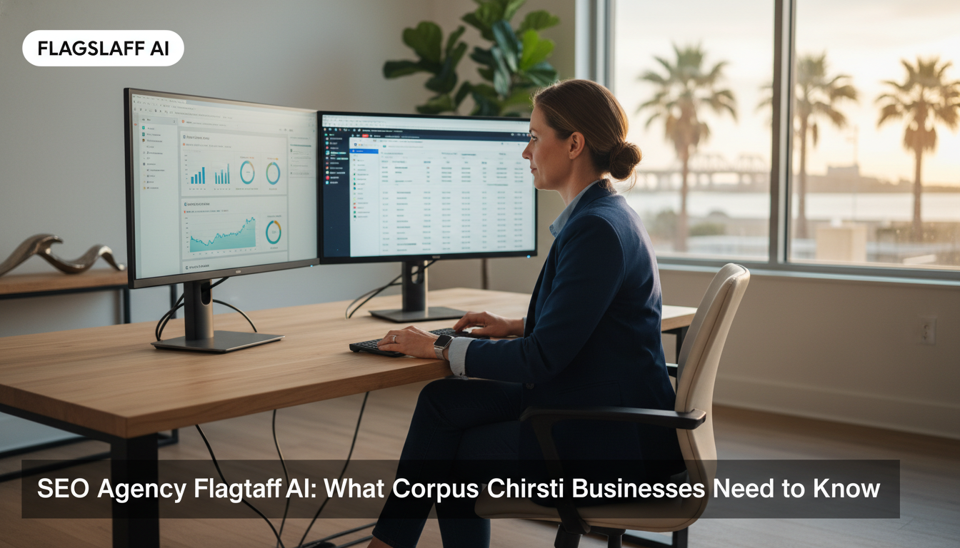 Digital strategist analyzing SEO analytics in modern Corpus Christi office with dual monitors displaying search data