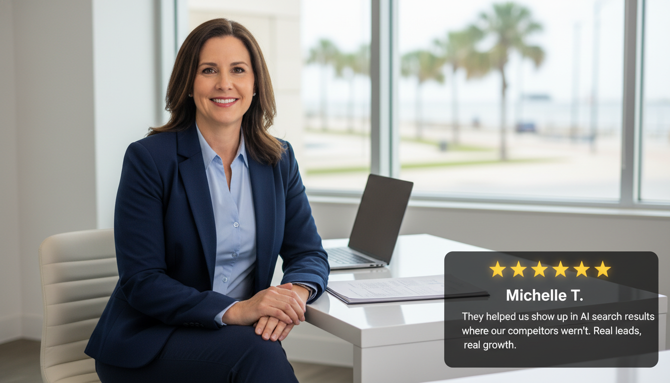 Business owner Michelle T. in Corpus Christi office with five-star review about AI SEO visibility results