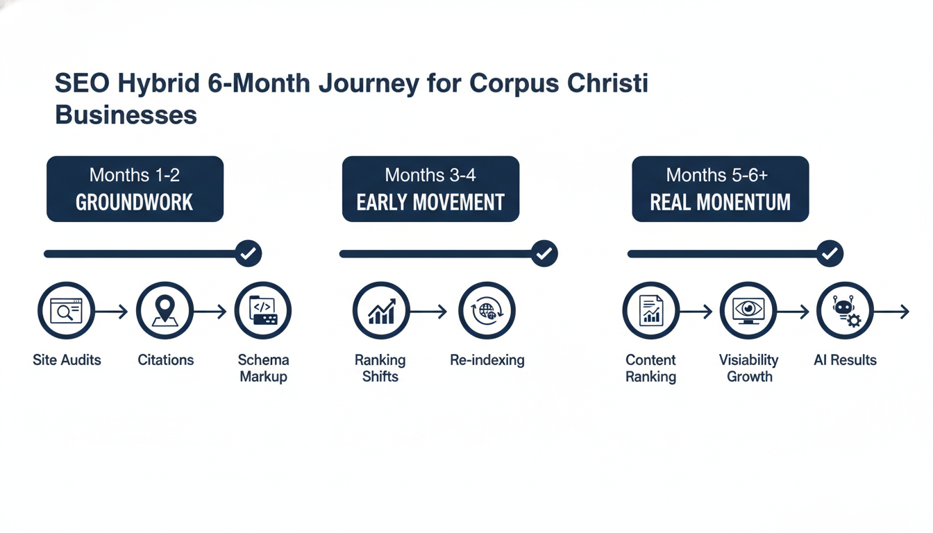 Six-month SEO Hybrid timeline phases: Groundwork, Early Movement, and Real Momentum for Corpus Christi