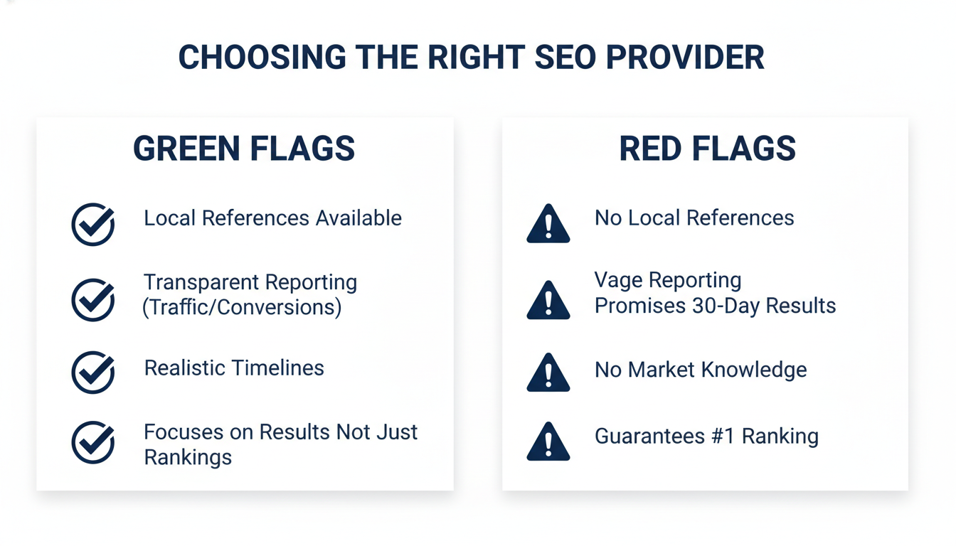 Green flags vs. red flags checklist for choosing right SEO provider in Corpus Christi, Texas