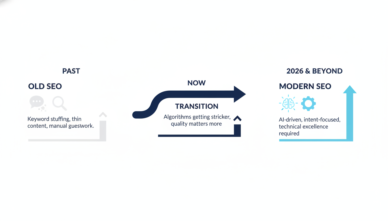 SEO evolution timeline from past to 2026 showing quality standard increases