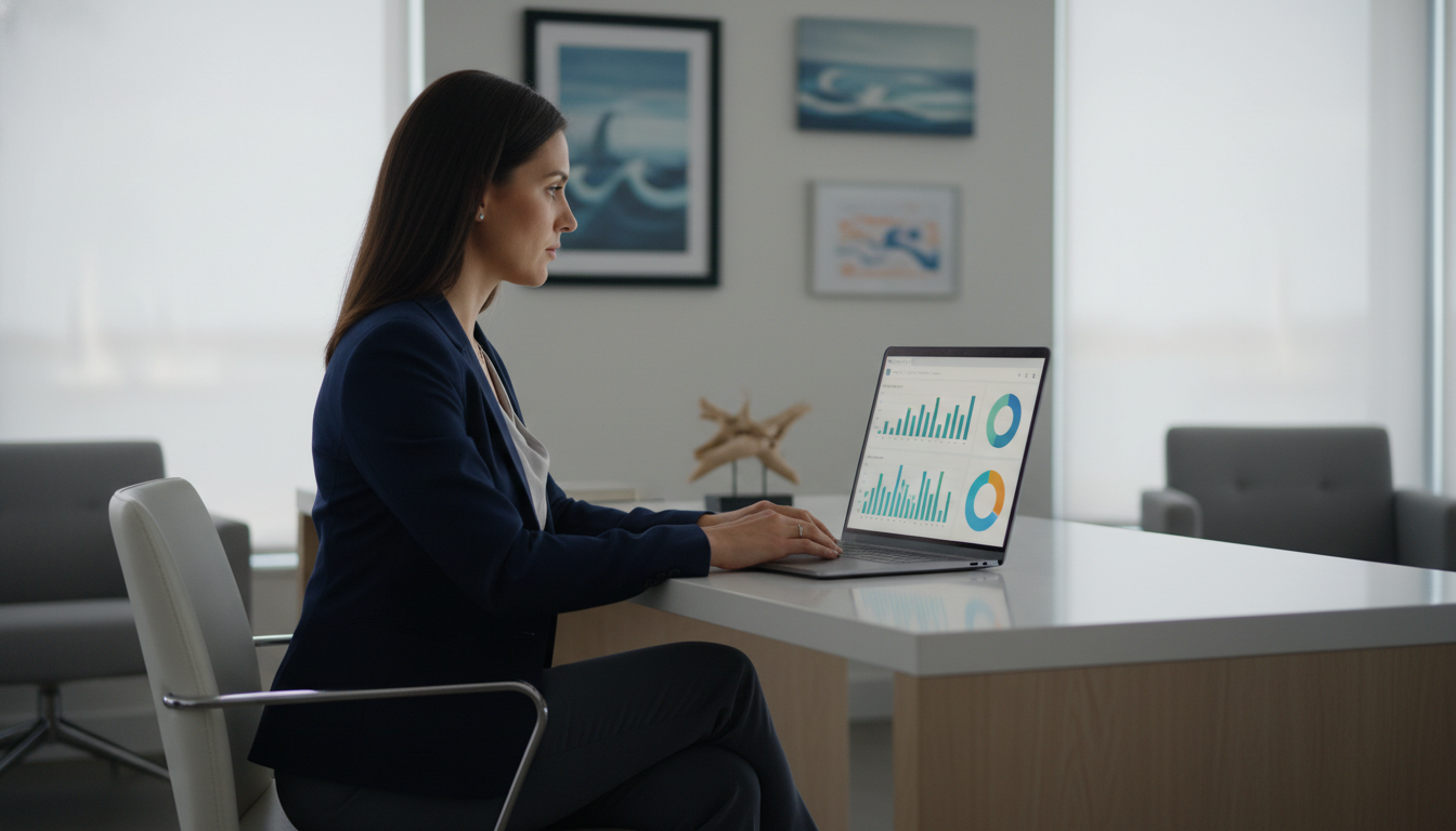 Digital strategist analyzing SEO analytics on laptop in modern Corpus Christi office