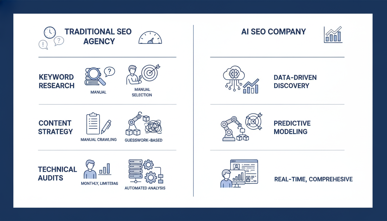 Comparison diagram: Traditional SEO Agency vs AI SEO Company for Corpus Christi businesses