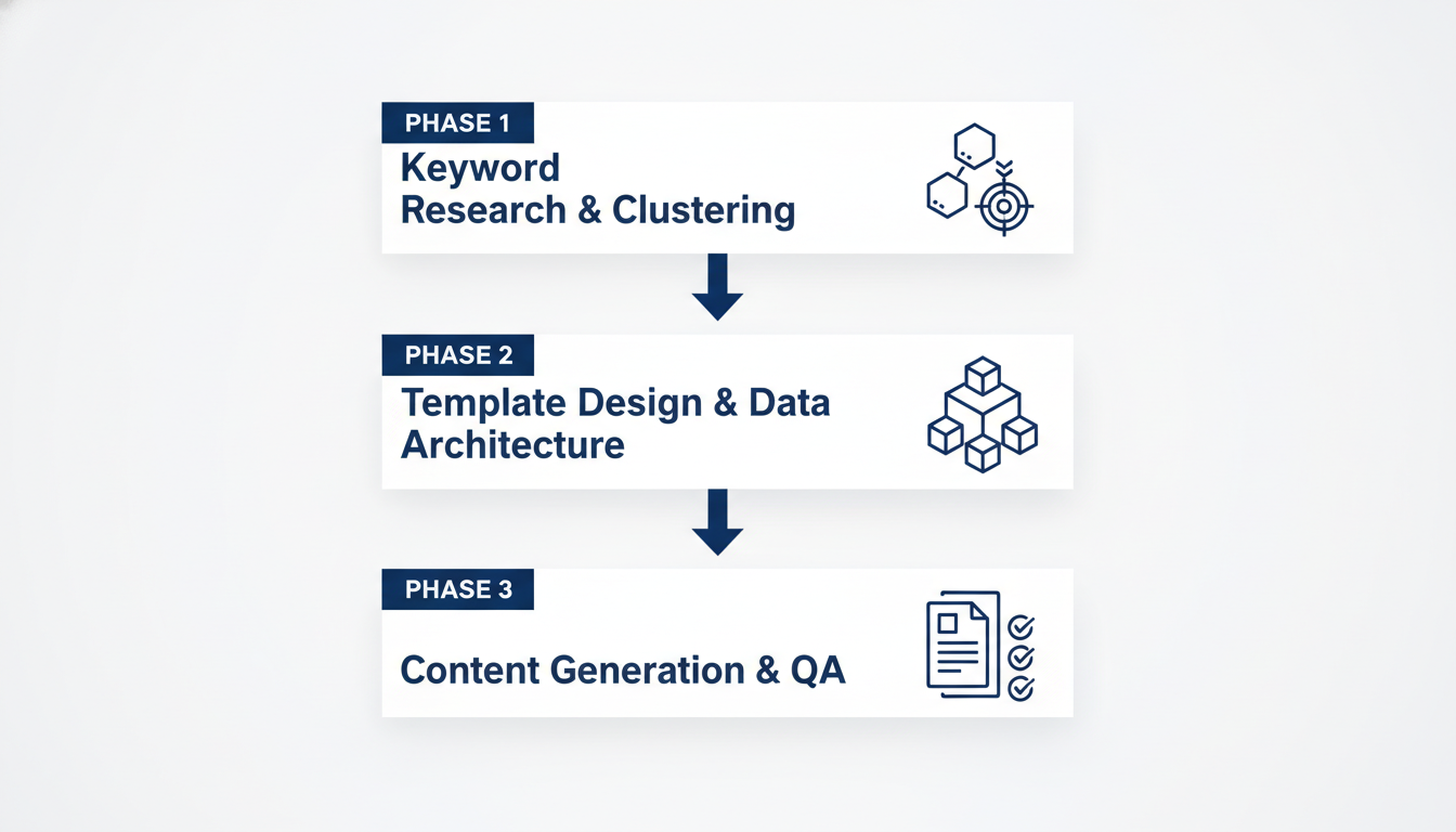 Three-phase programmatic SEO implementation process: research, architecture, and execution