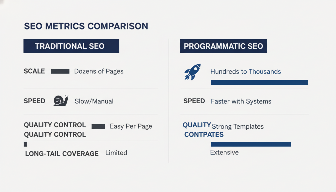 Comparison chart of traditional SEO versus programmatic SEO scale and capabilities
