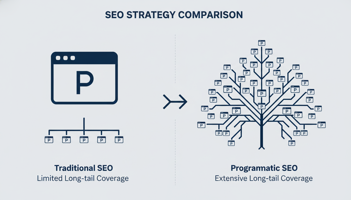Diagram showing traditional single-page SEO vs programmatic multi-page system structure