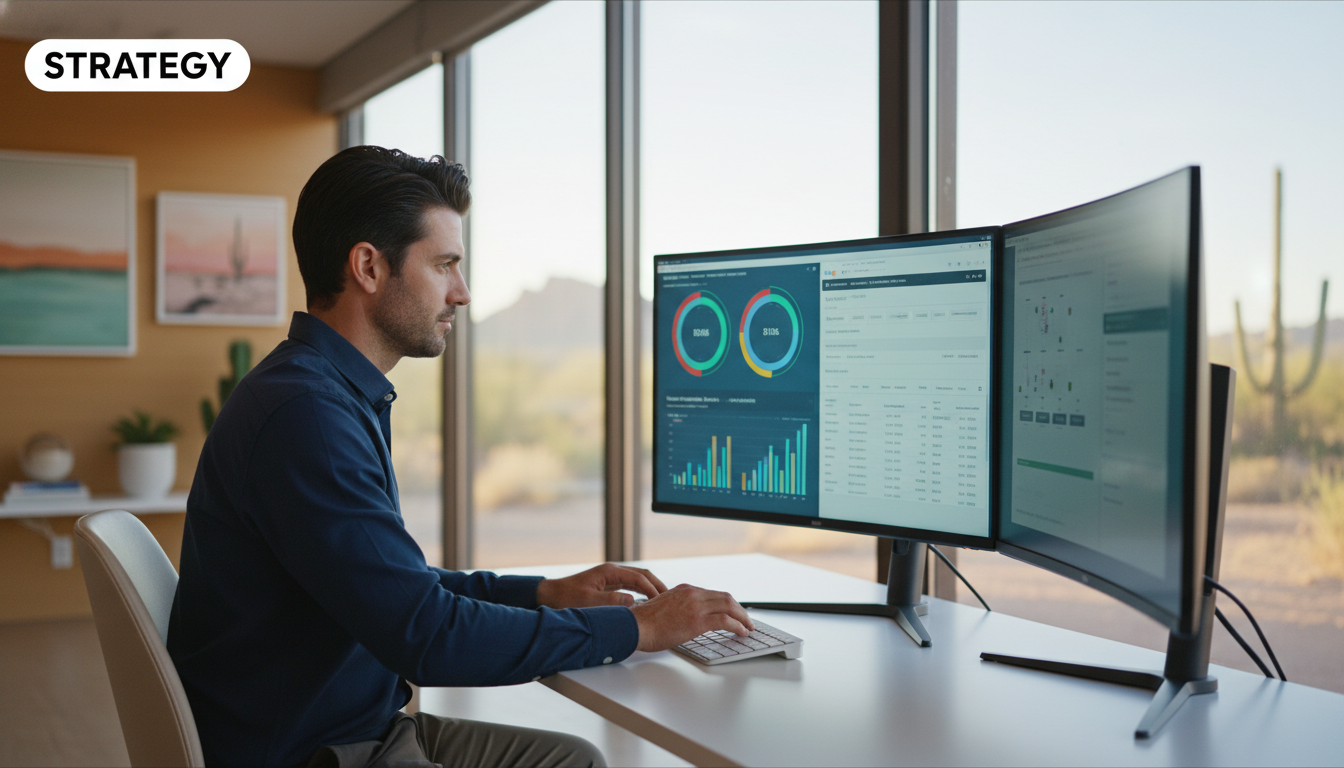 SEO strategist analyzing programmatic search data on multiple monitors in Tucson office
