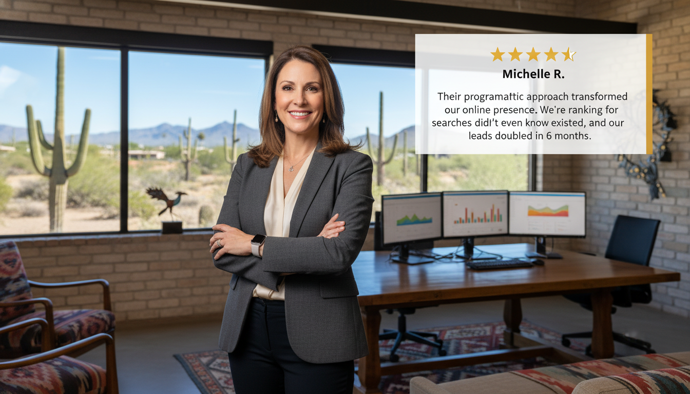 Business owner testimonial about programmatic SEO results in Tucson, Arizona with 5-star review