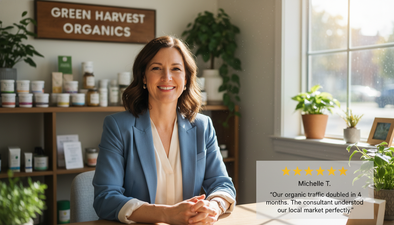 Satisfied local business owner with 5-star review praising SEO consulting results, Washington Illinois