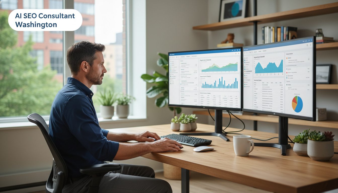 Professional AI SEO consultant analyzing analytics dashboards in modern office, Washington Illinois