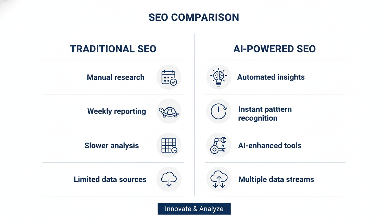 Side-by-side comparison: Traditional SEO vs AI-Powered SEO methods and benefits