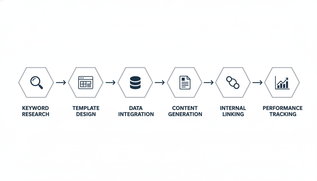 Process flow diagram: Programmatic SEO workflow from keyword research through performance tracking