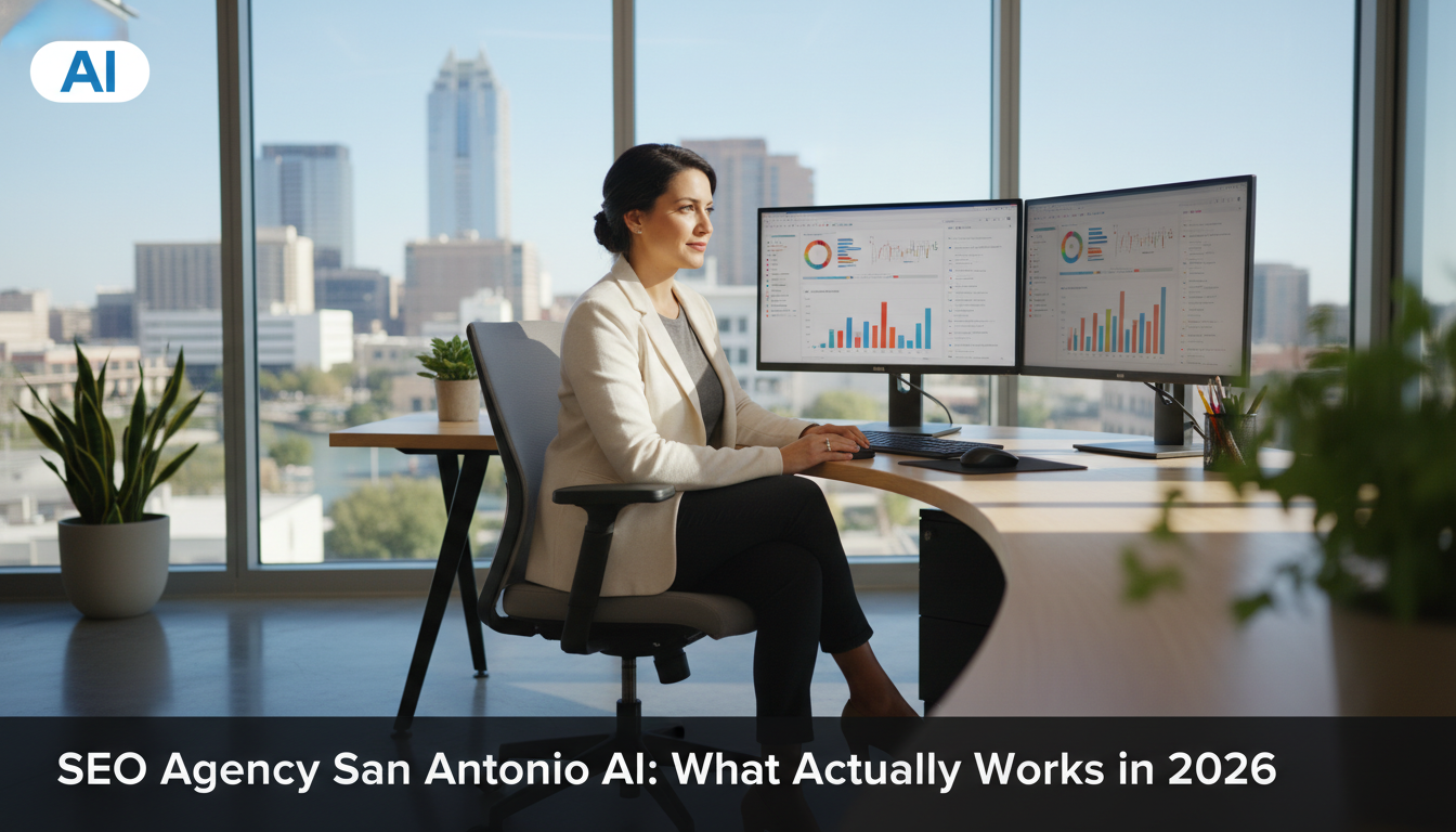 AI SEO strategist working at modern San Antonio office with analytics dashboards, professional consultant environment