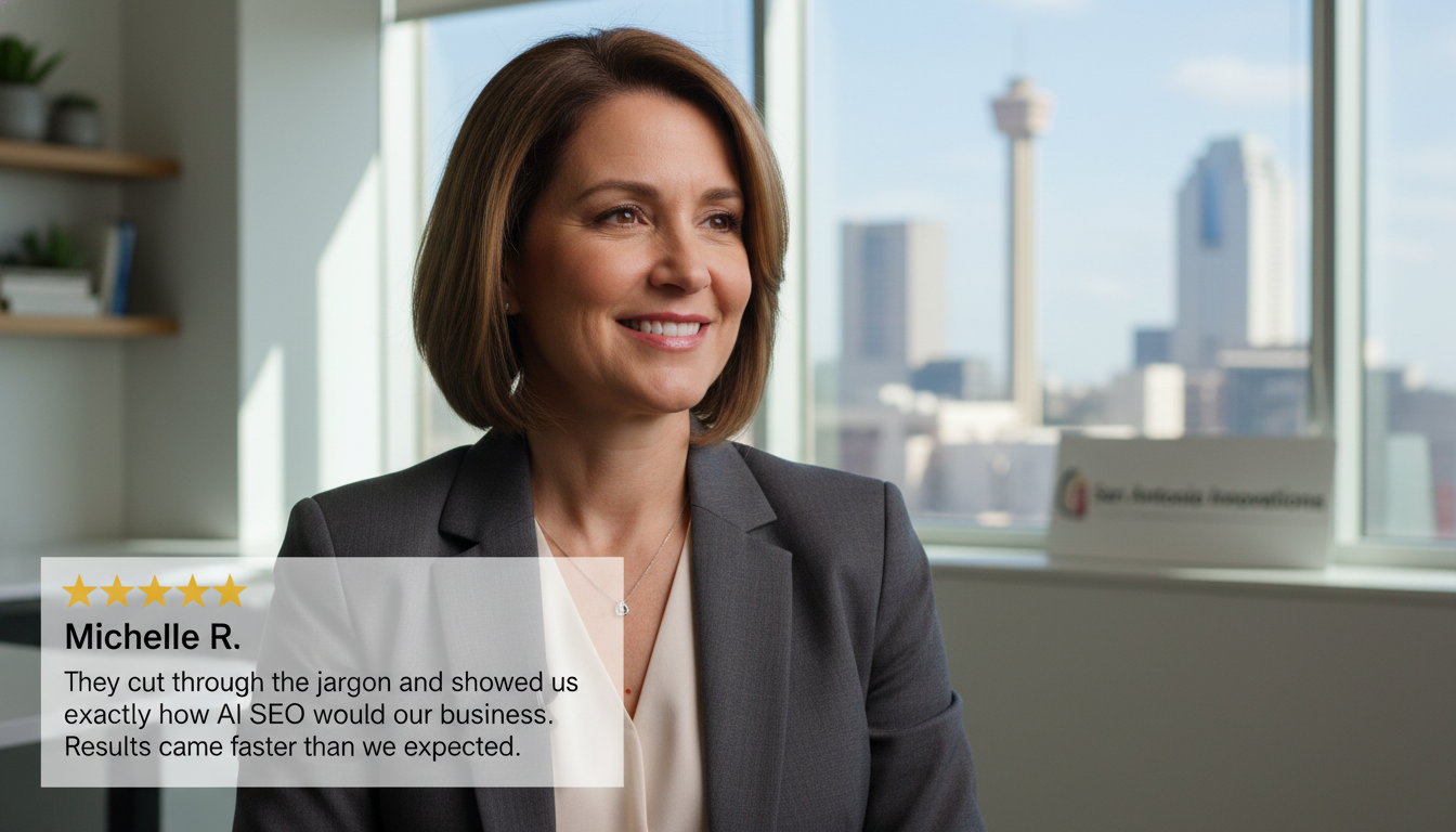 Satisfied business owner Michelle R. with 5-star review testimonial about AI SEO results in San Antonio