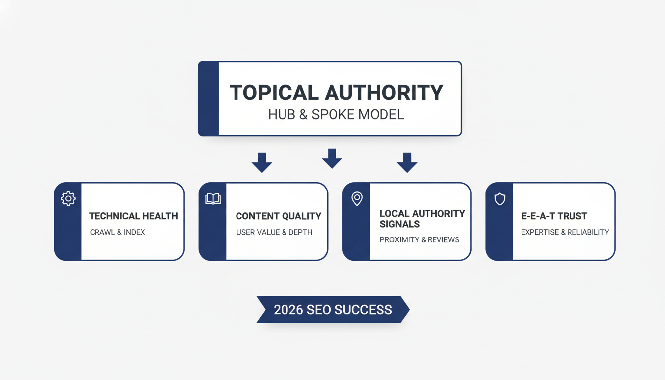 Framework showing four pillars of 2026 SEO success: topical authority, technical health, content quality, local signals