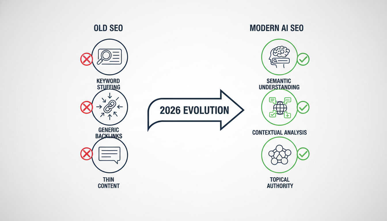 Comparison diagram showing evolution from outdated SEO methods to modern AI-driven approach in San Antonio