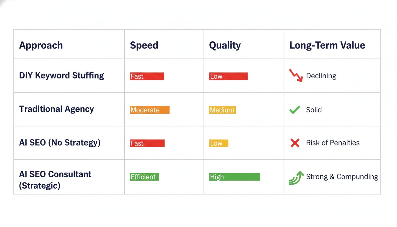 SEO approach comparison chart: DIY, traditional agency, AI without strategy, strategic AI SEO
