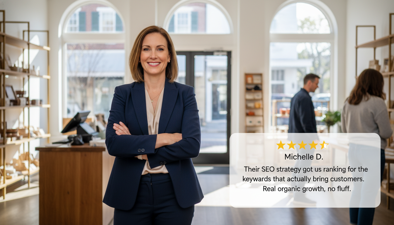 Satisfied business owner with 5-star review testimonial about AI SEO consulting results, Charleston