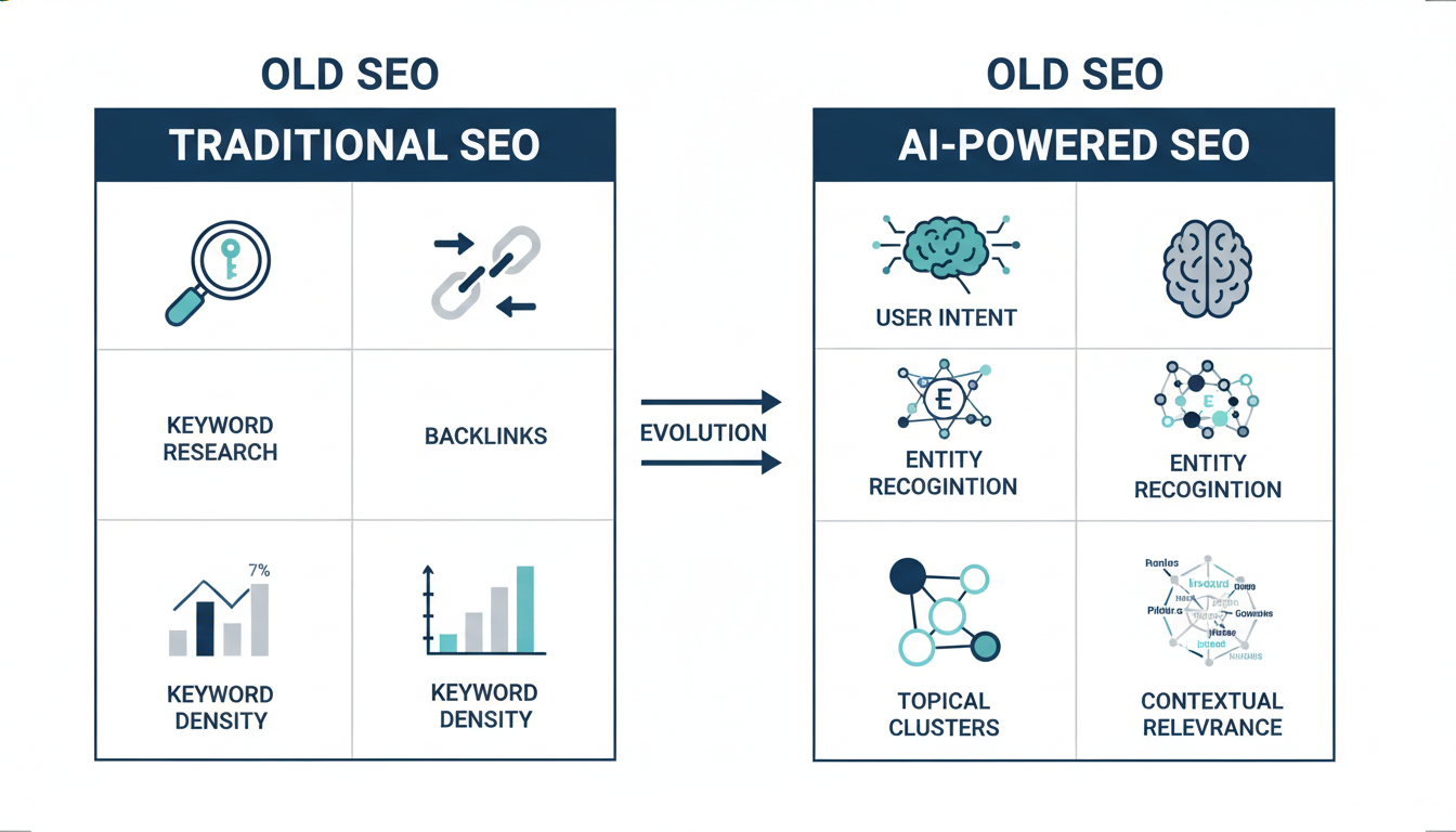 Infographic comparing traditional SEO vs AI-powered SEO approaches, Charleston
