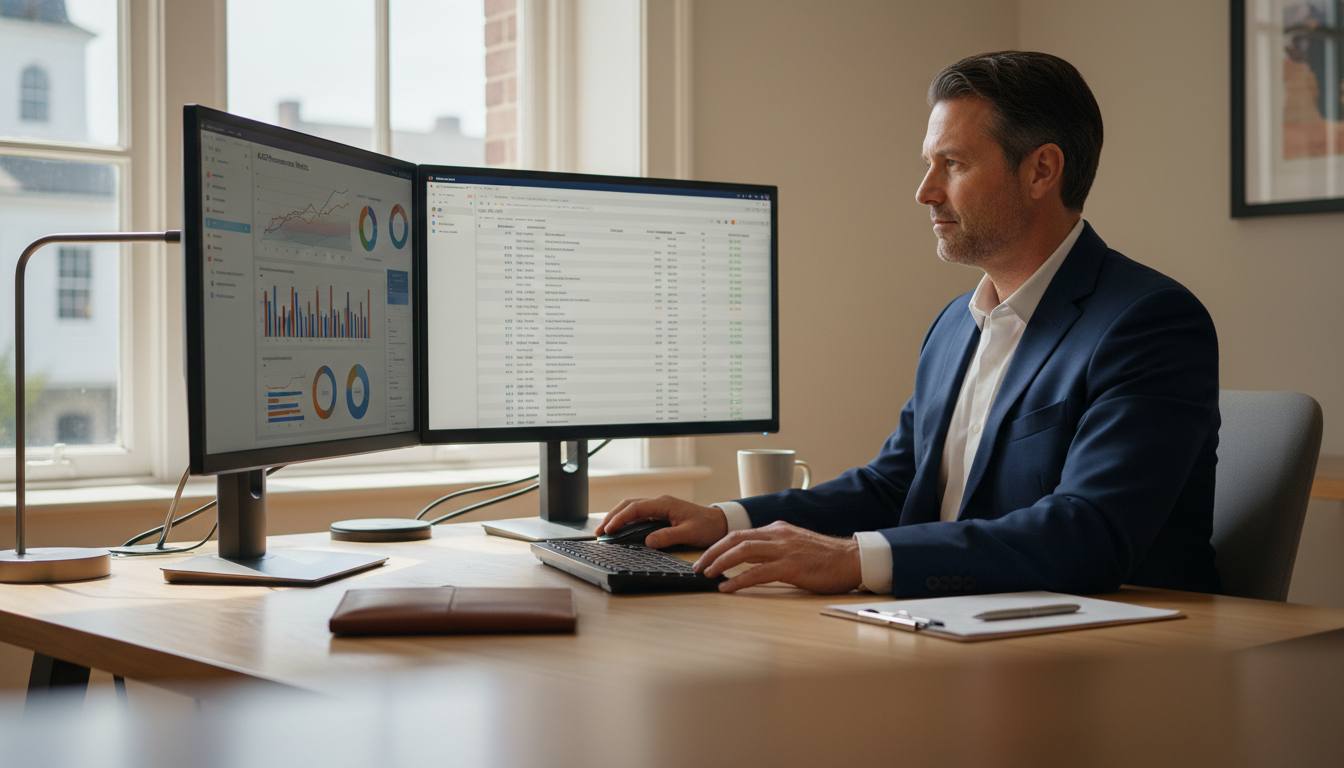 AI SEO consultant at workstation reviewing analytics in modern Charleston office