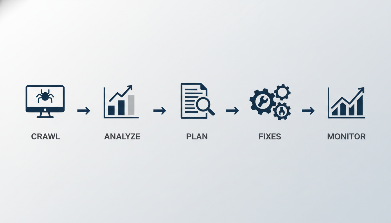 AI SEO workflow process diagram: site crawl, competitor analysis, content planning, technical fixes, monitoring