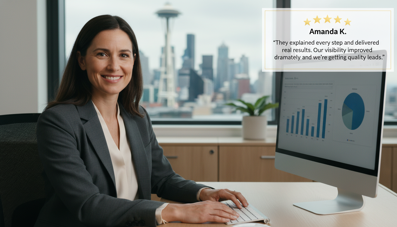 Satisfied Seattle business owner at office with 5-star review: improved visibility and quality leads