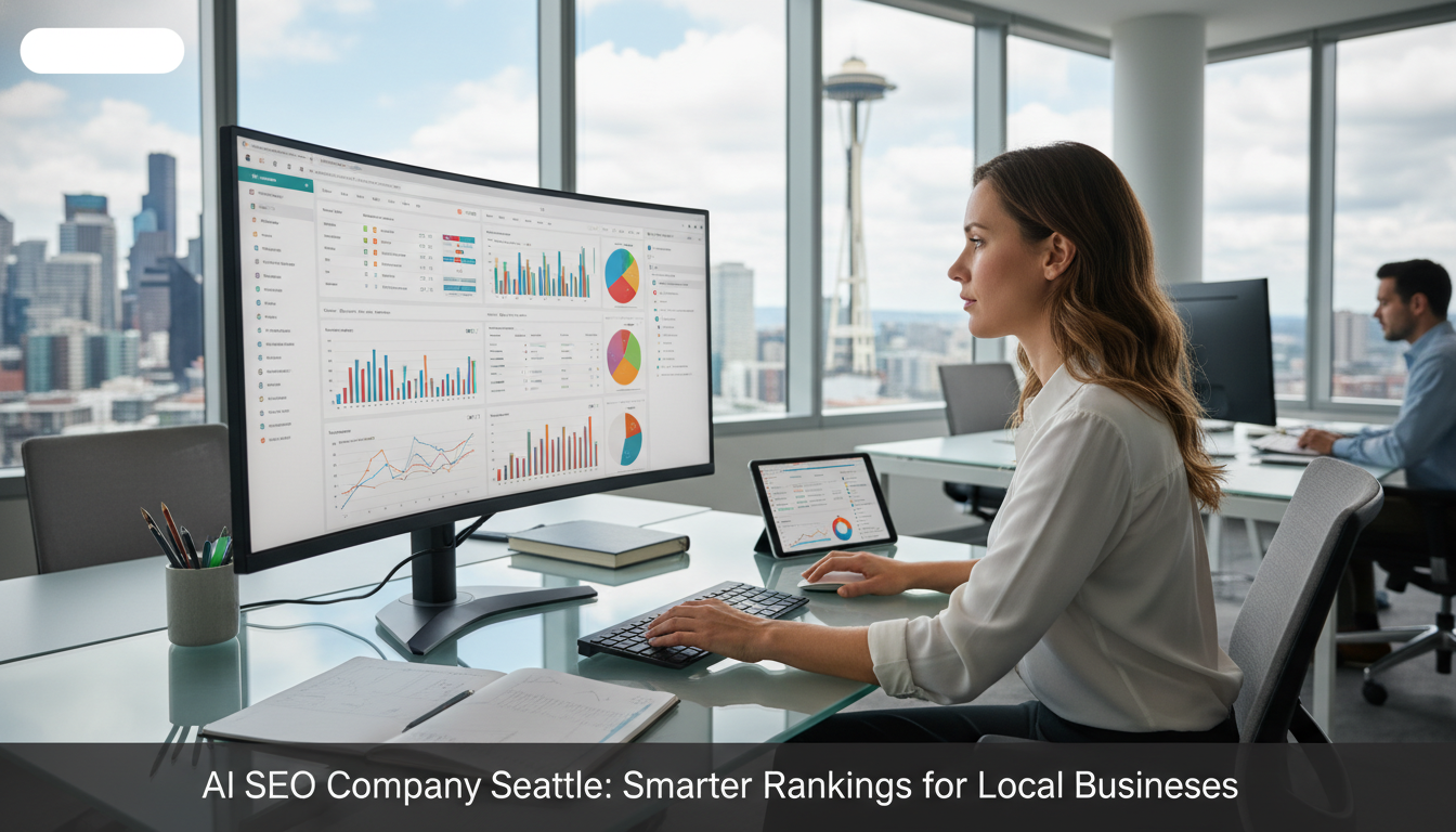 SEO consultant analyzing website analytics at modern Seattle office workspace with data dashboard