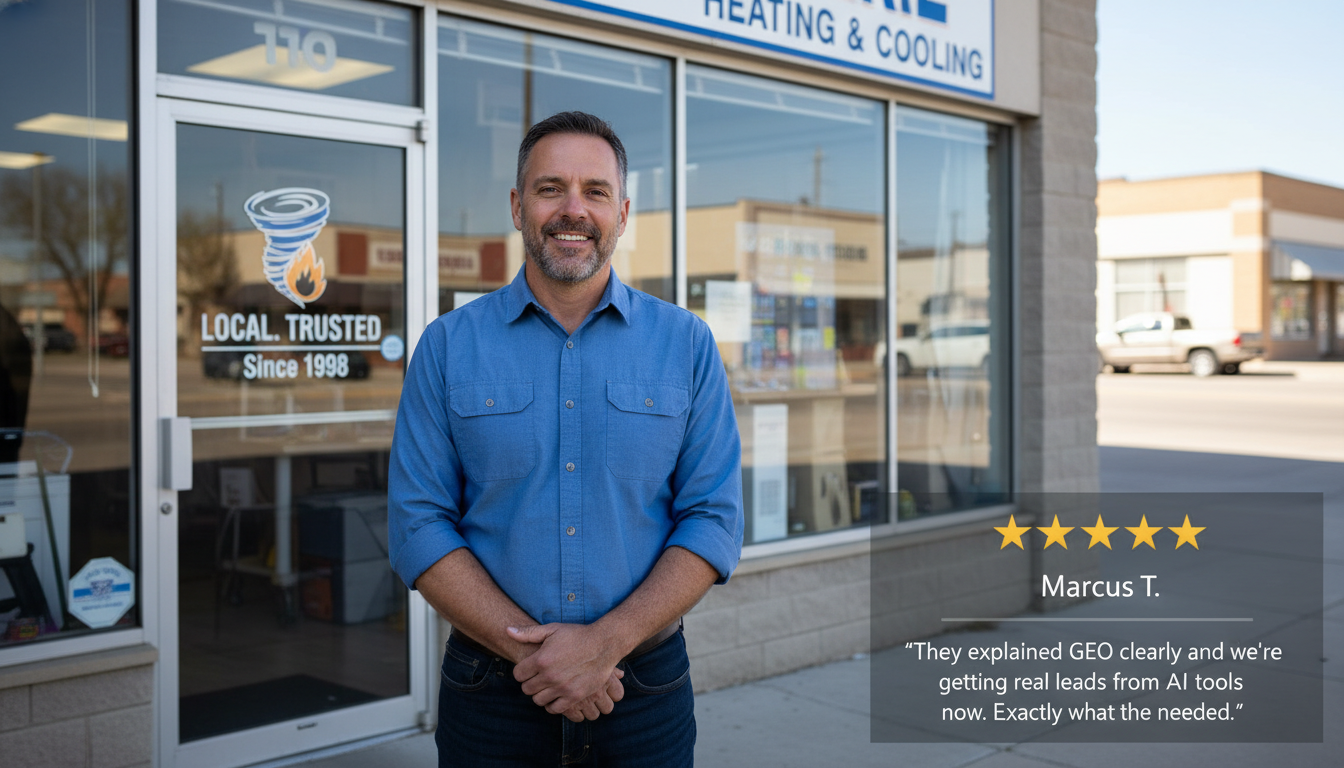 Business owner testimonial with 5-star review about GEO services generating real leads in Minneapolis Kansas