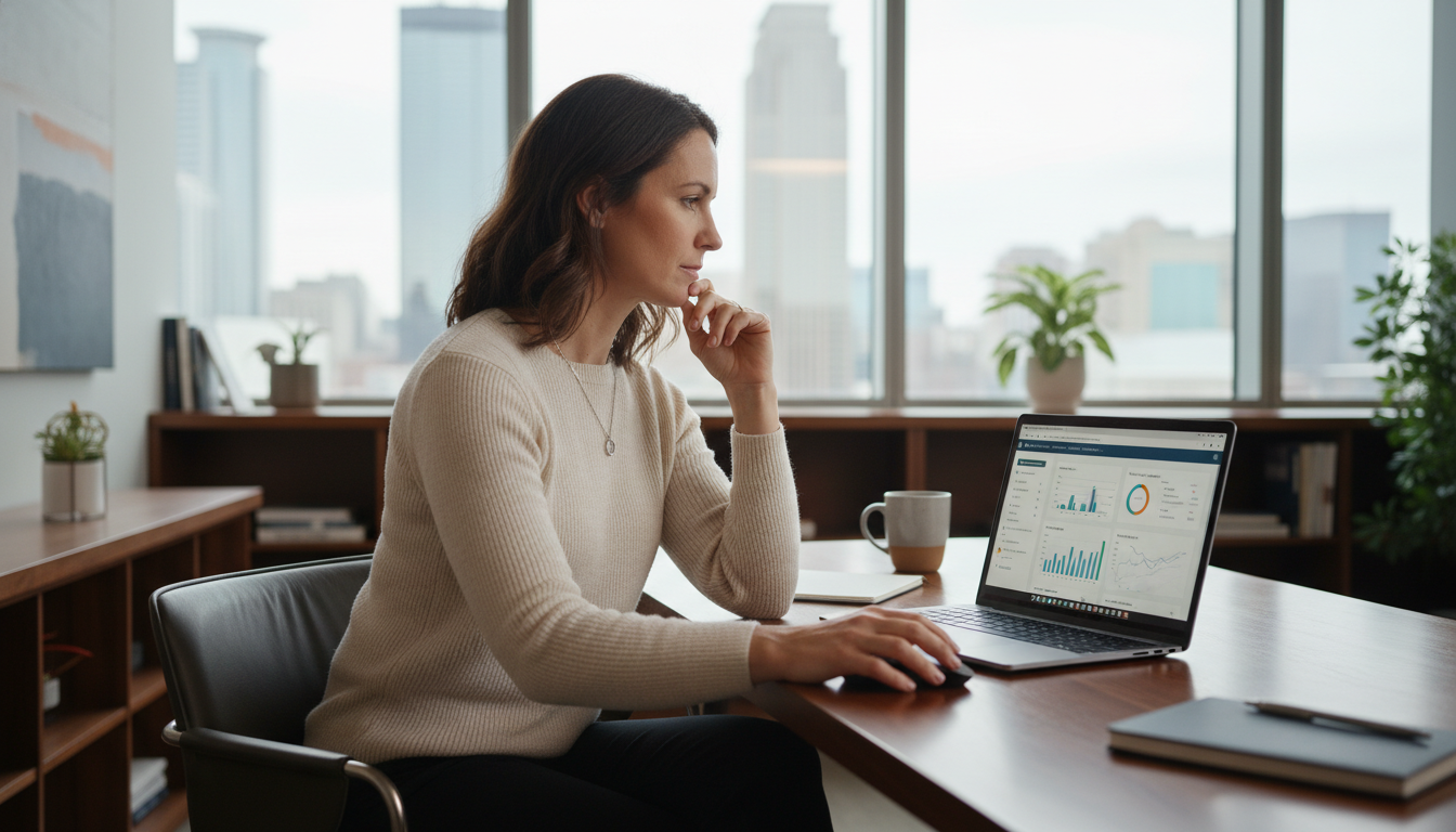 Professional consultant reviewing GEO analytics on laptop in modern Minneapolis office: Generative AI SEO Agency service