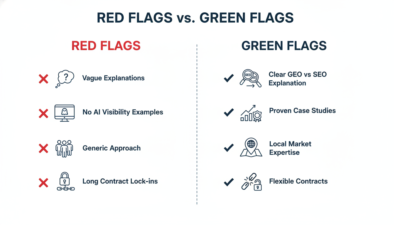 Red flags vs green flags comparison guide for choosing a GEO provider in Minneapolis Kansas