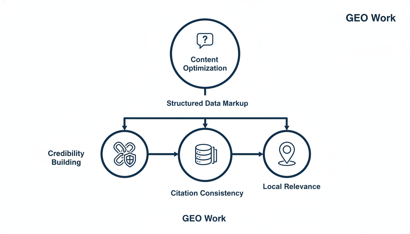 Five-layer diagram of GEO core work: content, structured data, citations, credibility, local relevance for Minneapolis