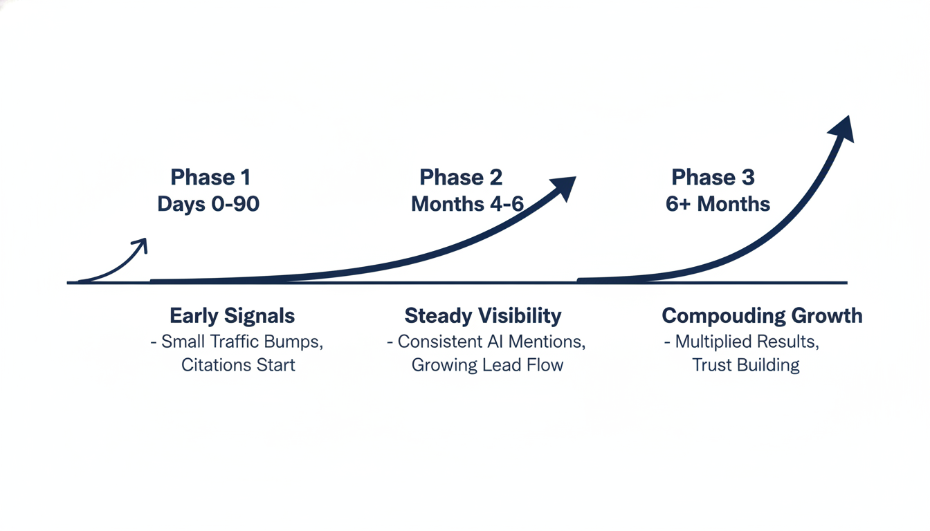 GEO timeline infographic showing 60-90 day early signals and 4-6 month visibility growth for Minneapolis businesses