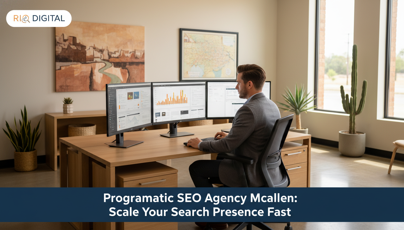 SEO strategist working on programmatic content strategy in modern McAllen office with analytics displays