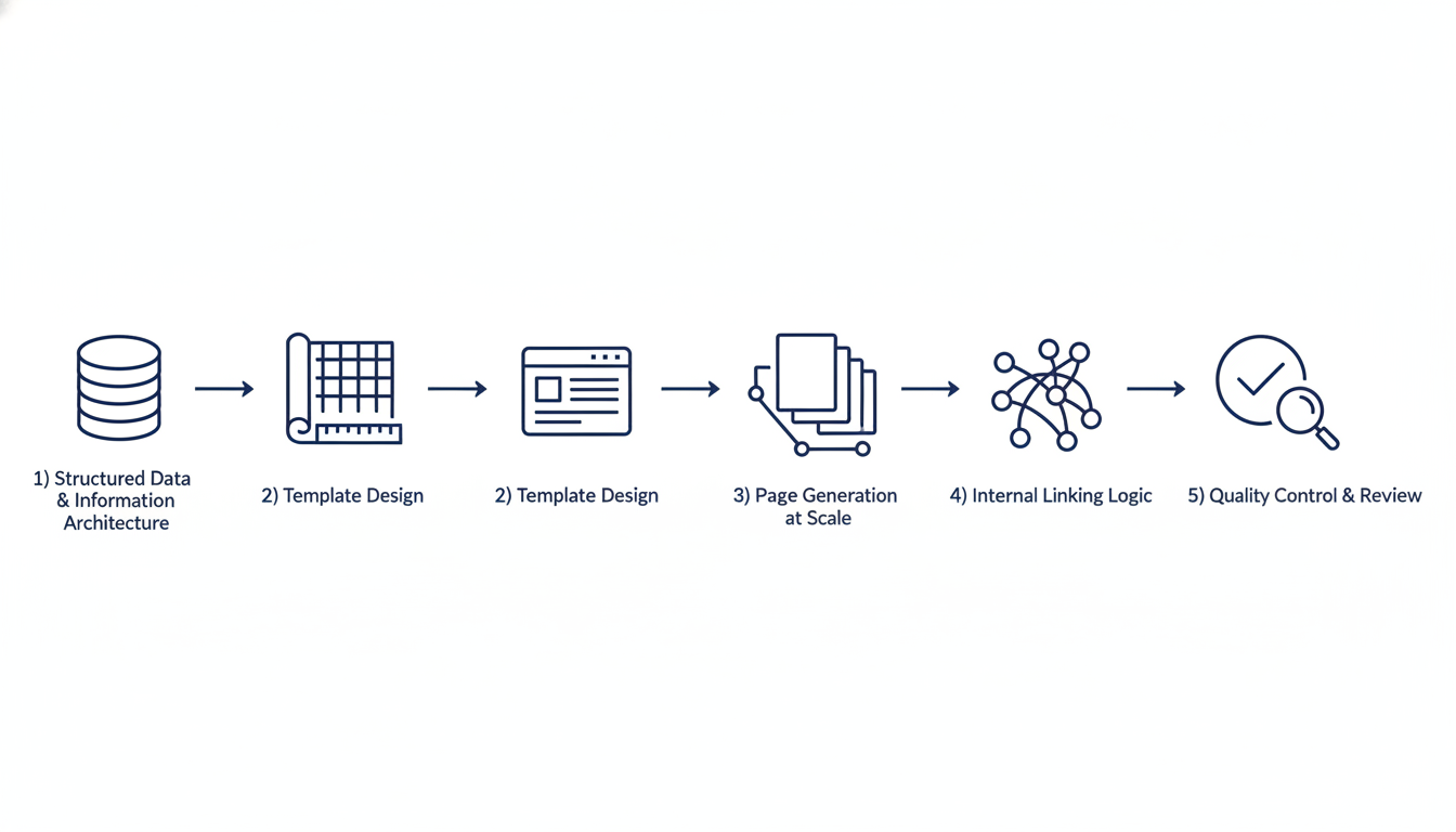 5-step programmatic SEO process flow: data architecture, templates, page generation, linking, quality control