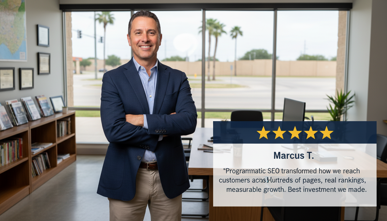 Client testimonial: confident business owner with 5-star review praising programmatic SEO results McAllen