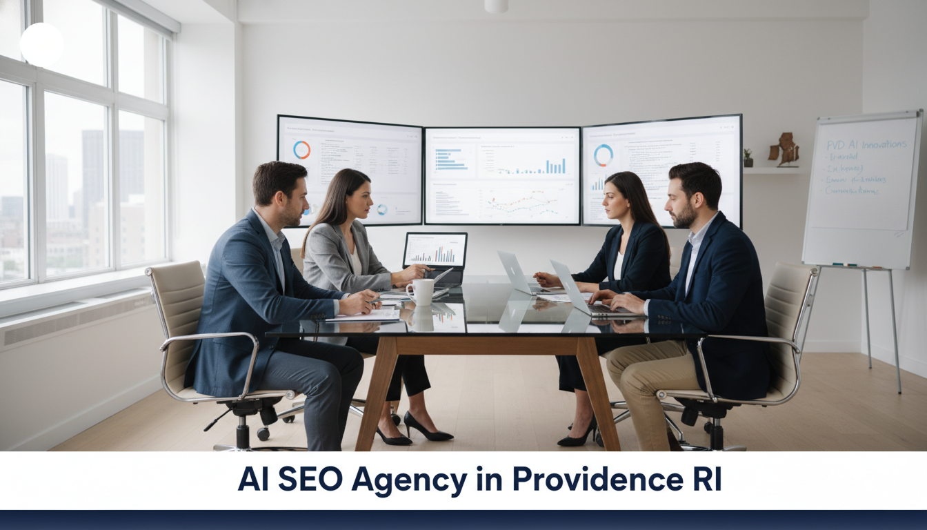 Professional SEO strategist team reviewing analytics in modern Providence office with multiple monitors, natural lighting, and focused strategy work.