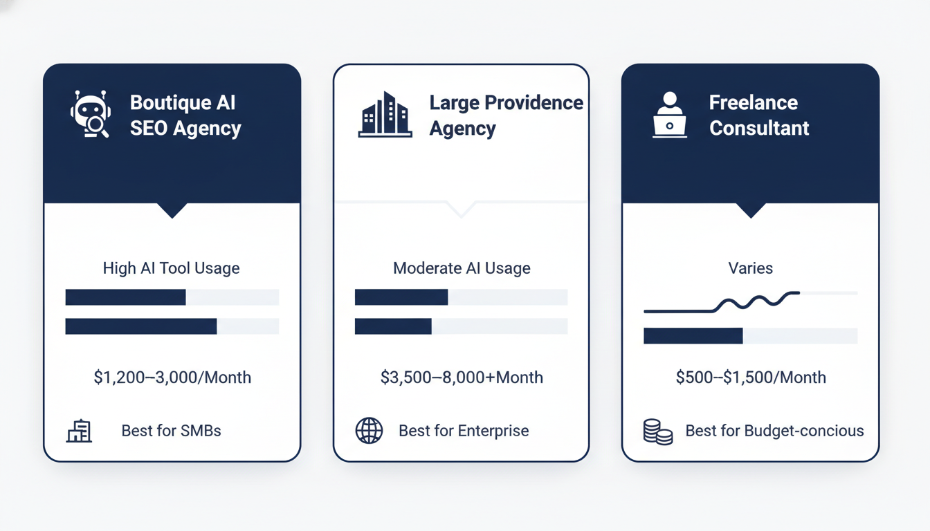 Comparison chart of three agency types showing boutique, large Providence, and freelance SEO consultants with pricing and features breakdown.