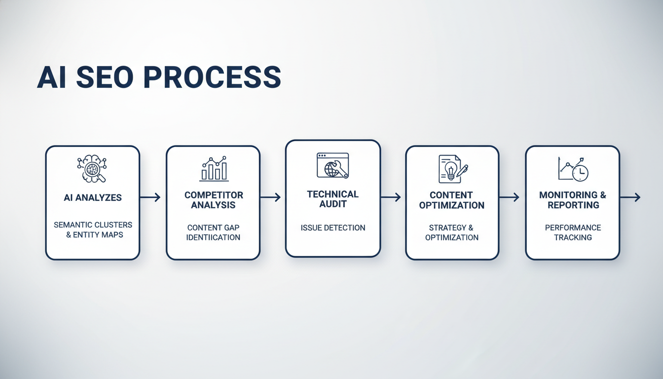 AI SEO process flow diagram showing semantic analysis, competitor research, technical audits, and content optimization steps for search visibility.