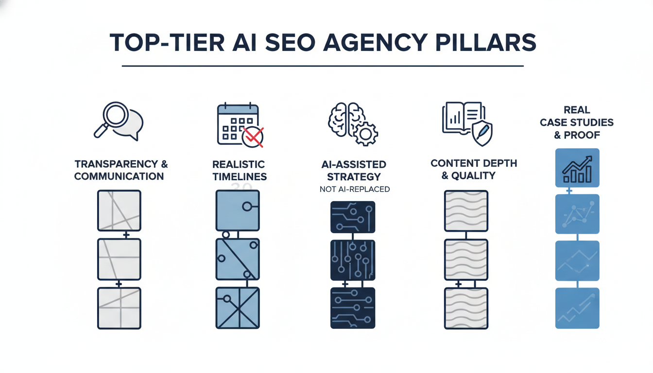 Infographic showing five pillars of top-tier AI SEO agencies: transparency, realistic timelines, AI-assisted strategy, content depth, and proven case studies.