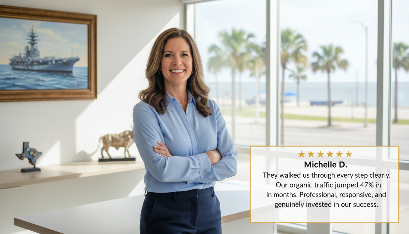 Satisfied business owner testimonial with 5-star review praising SEO results and agency communication for Corpus Christi Texas company.