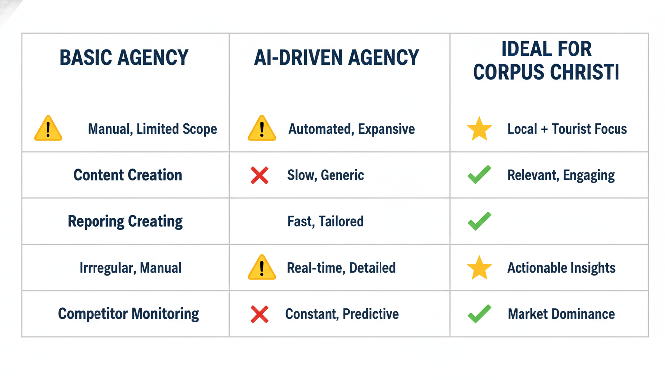 Three-column comparison table: Basic Agency vs AI-Driven Agency vs Ideal for Corpus Christi