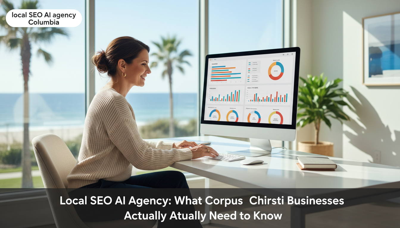 Professional female business owner reviewing SEO analytics dashboard in modern office, Corpus Christi local SEO