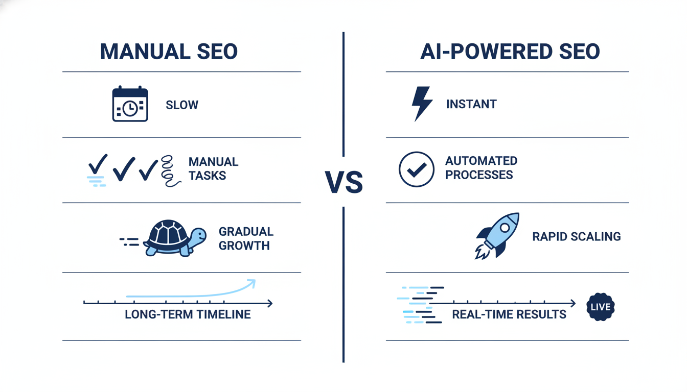 Side-by-side comparison diagram: Manual SEO vs AI-Powered SEO workflow and speed comparison