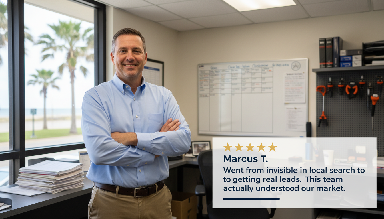 Satisfied business owner with 5-star testimonial about local SEO results and customer leads, Corpus Christi