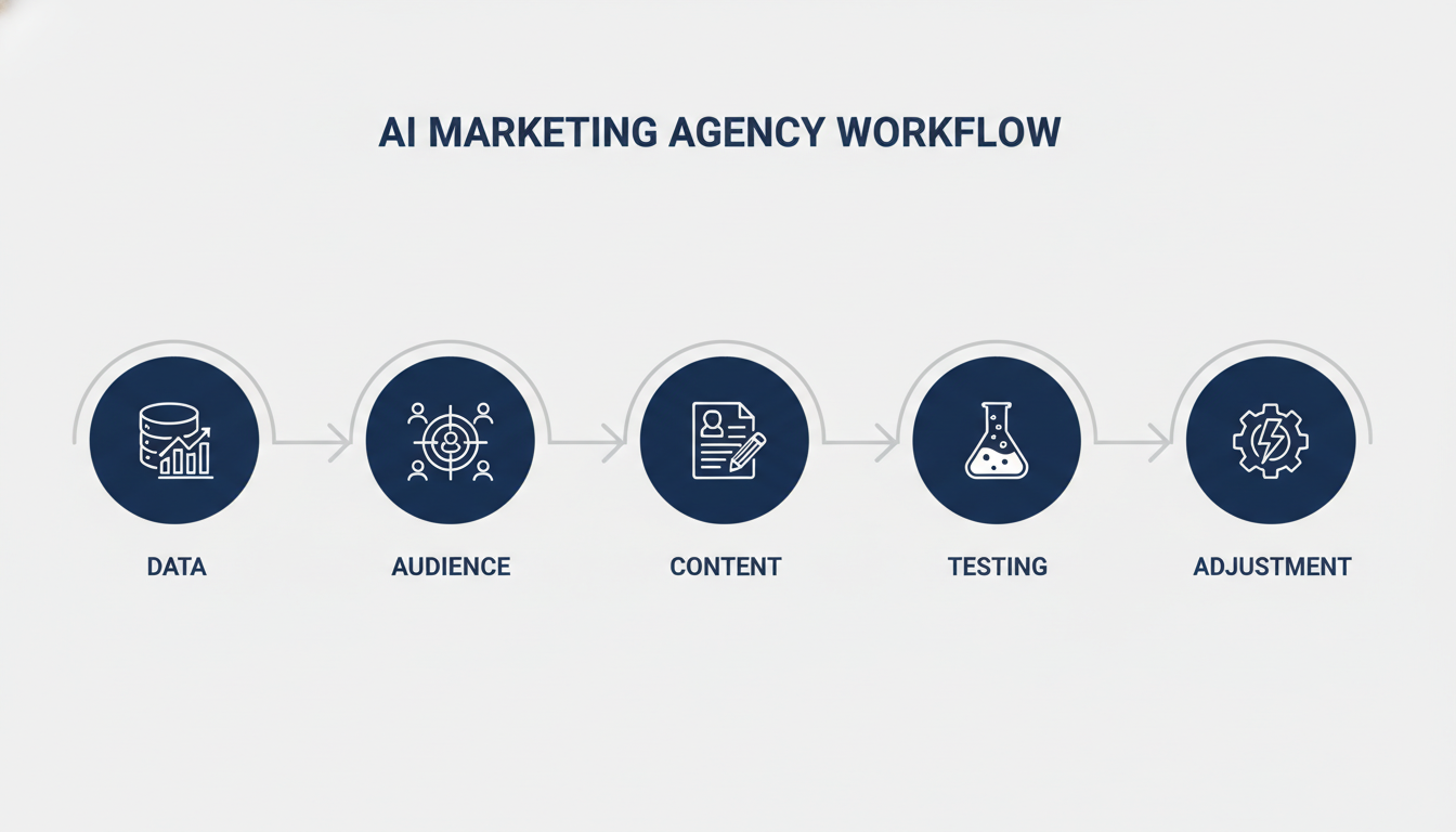 Five-step AI marketing agency process flow infographic for Corpus Christi businesses
