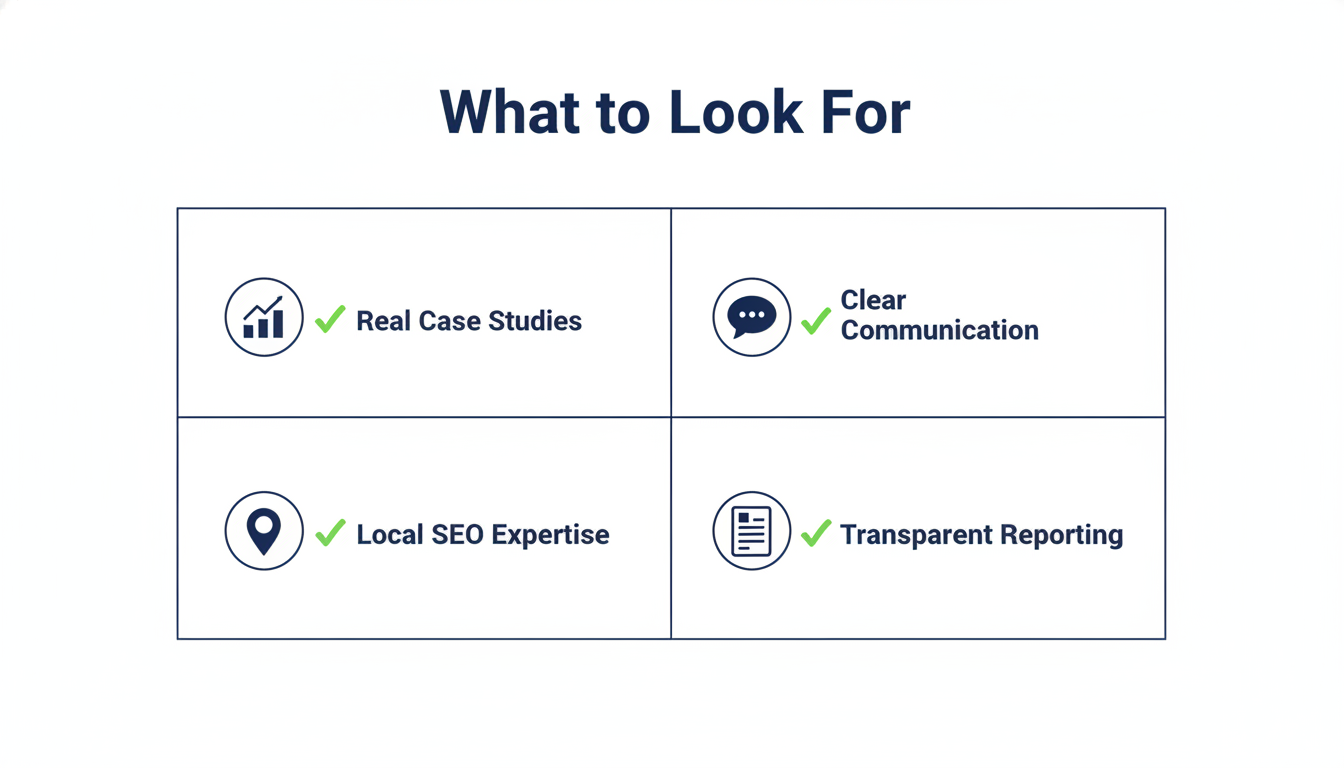 Checklist showing 4 criteria: Real Case Studies, Clear Communication, Local Expertise, Transparent Reporting: AI SEO consulting, Corpus Christi TX