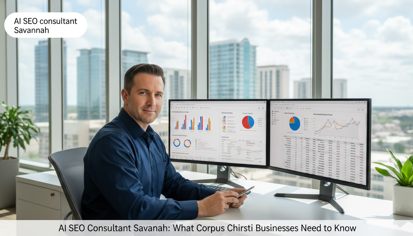 AI SEO consultant analyzing analytics on dual monitors in modern office: AI SEO consulting, Corpus Christi TX