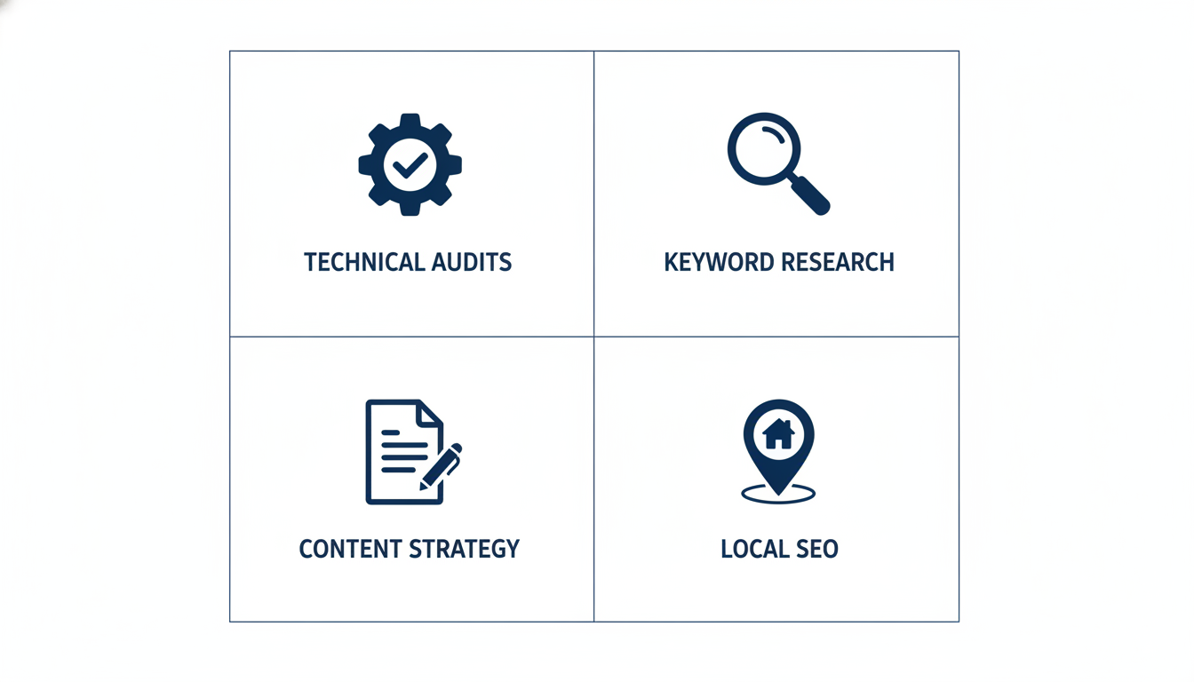 Four-part infographic: Technical Audits, Keyword Research, Content Strategy, Local SEO: AI SEO consulting, Corpus Christi TX