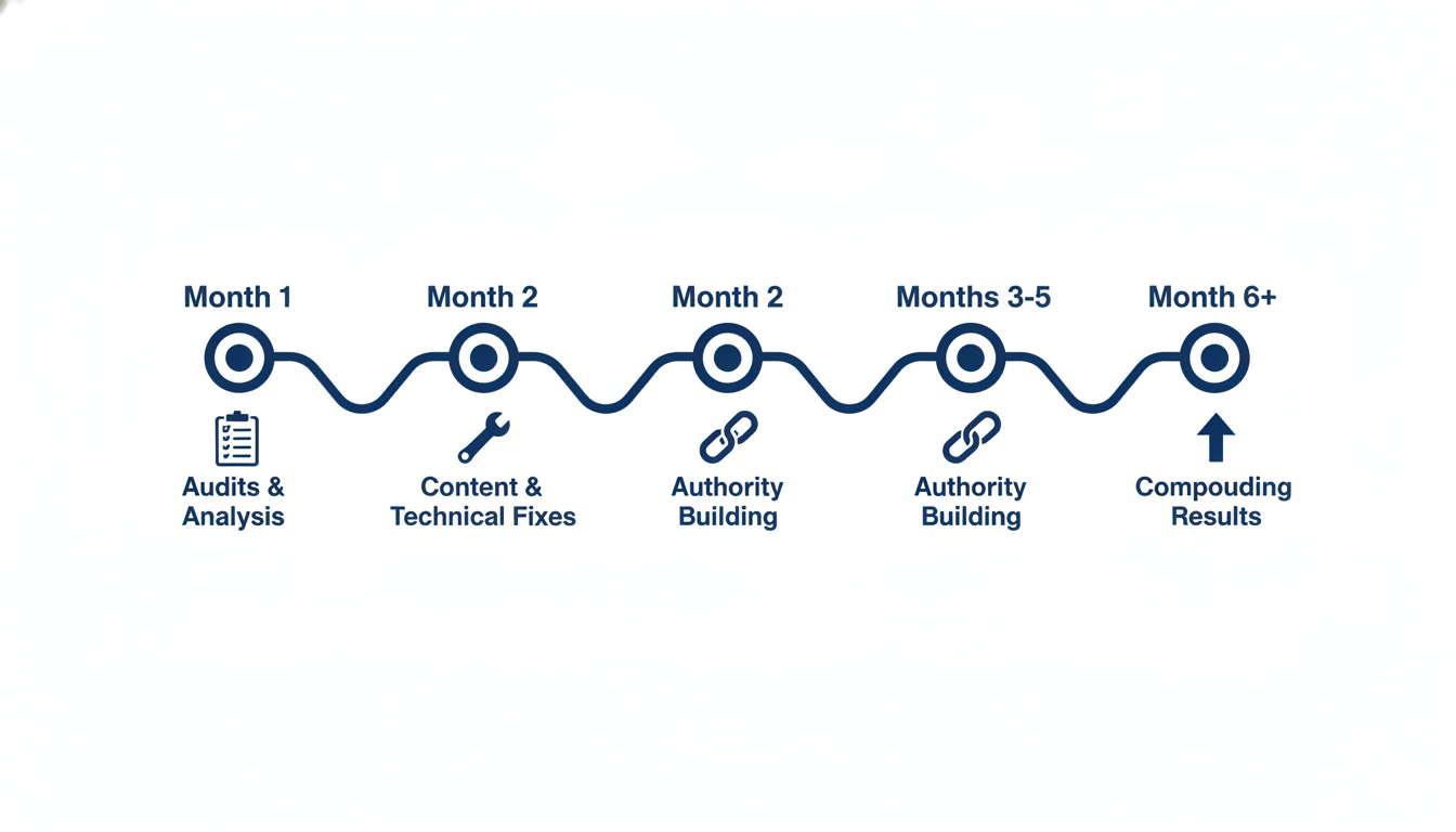 SEO results timeline from month 1 audits through month 6 compounding results: AI SEO consulting, Corpus Christi TX